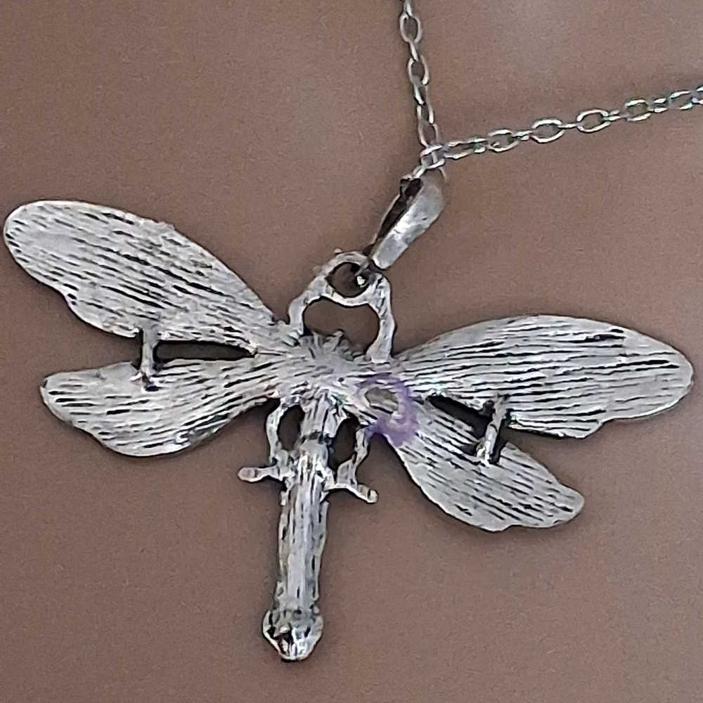 Silvertone and Purple Dragonfly Pendant Necklace - Picture 3 of 10